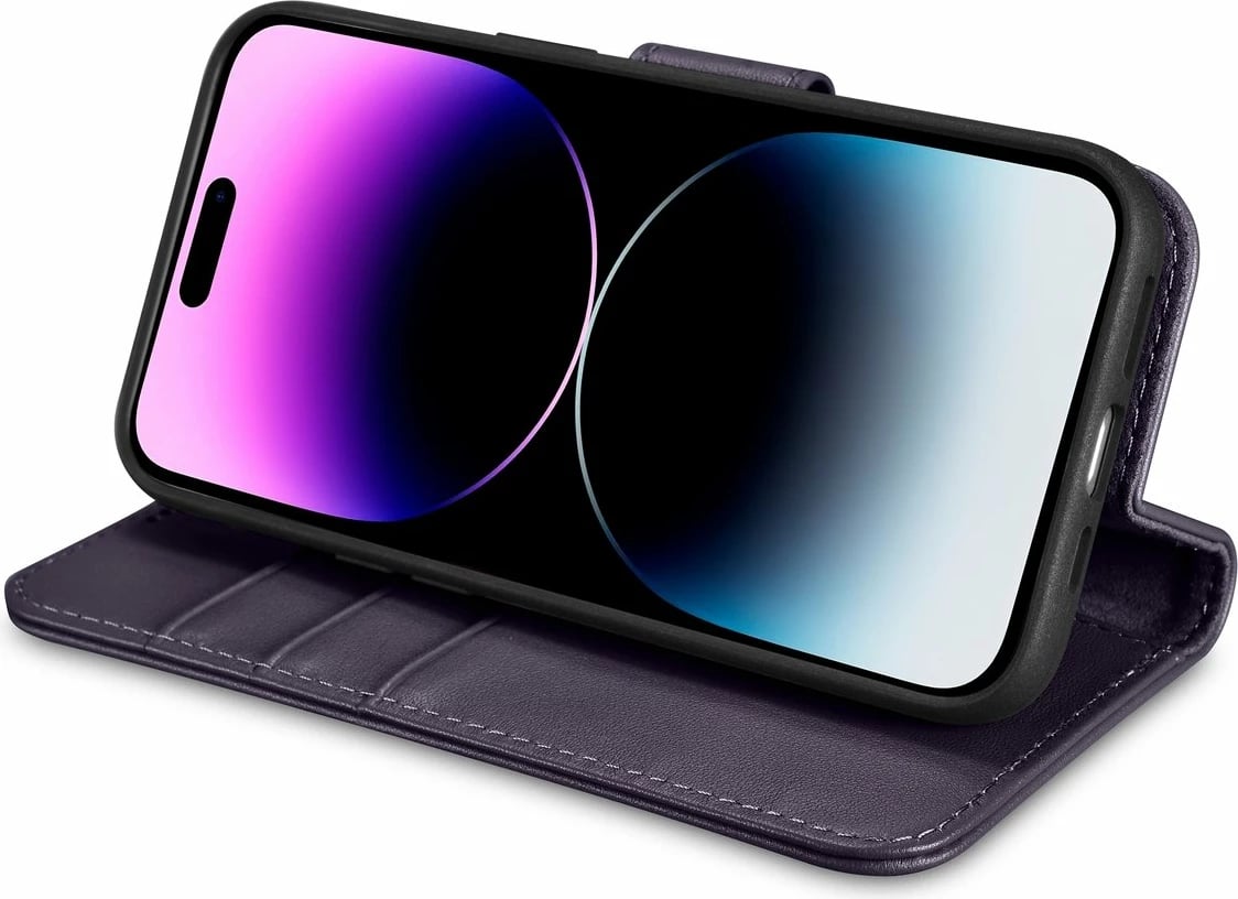 Mbështjellës iCarer Wallet Case 2in1 për iPhone 14 Pro Max, lëkurë natyrale, Anti-RFID, Vjollcë e errët