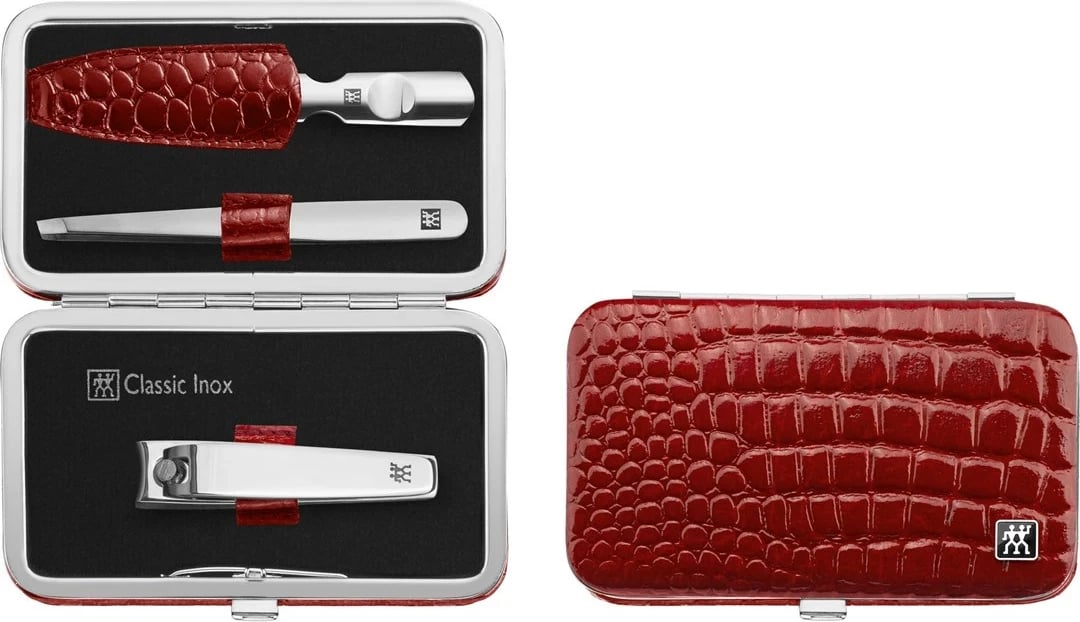 Set udhëtimi për manikyr/pedikyr Zwilling Classic Inox, 3 pjesë, Kasë lëkure e kuqe