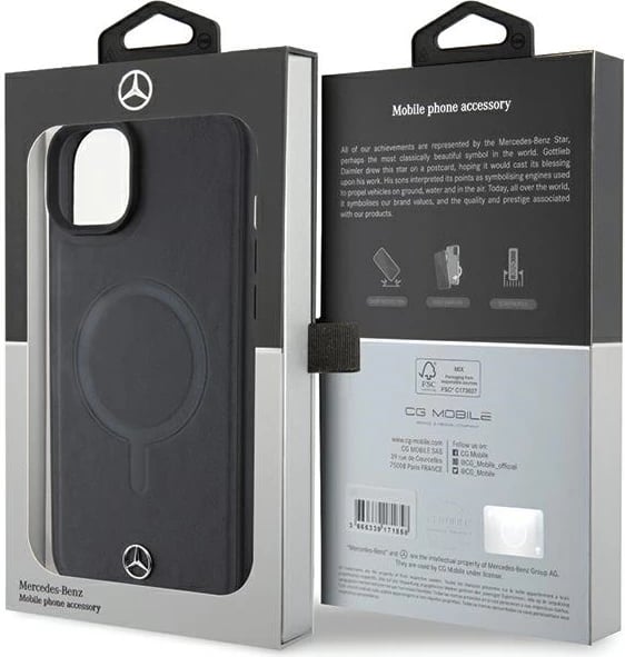 Mbështjellës Mercedes Smooth Leather MagSafe për iPhone 15 Plus, i zi