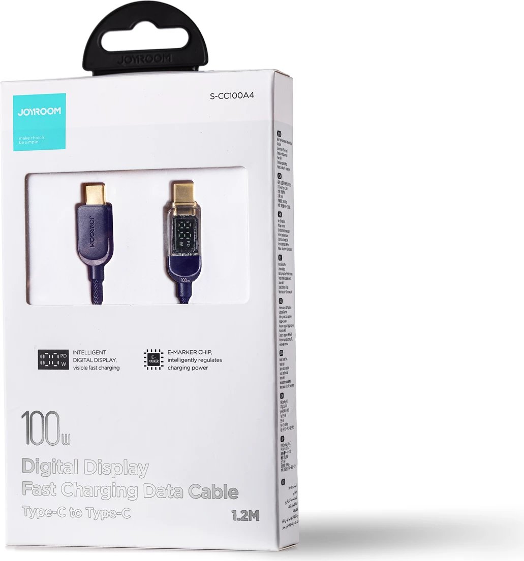 Kabllo USB-C në USB-C Joyroom A4 S-CC100A4 me ekran, 1.2m, 100W, Blu