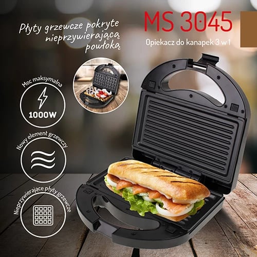 Aparat sandviçi/grilli/wafflesh 3‑në‑1, Mesko, MS 3045, 750–1000W, pllaka të këmbyeshme, zezë‑argjend