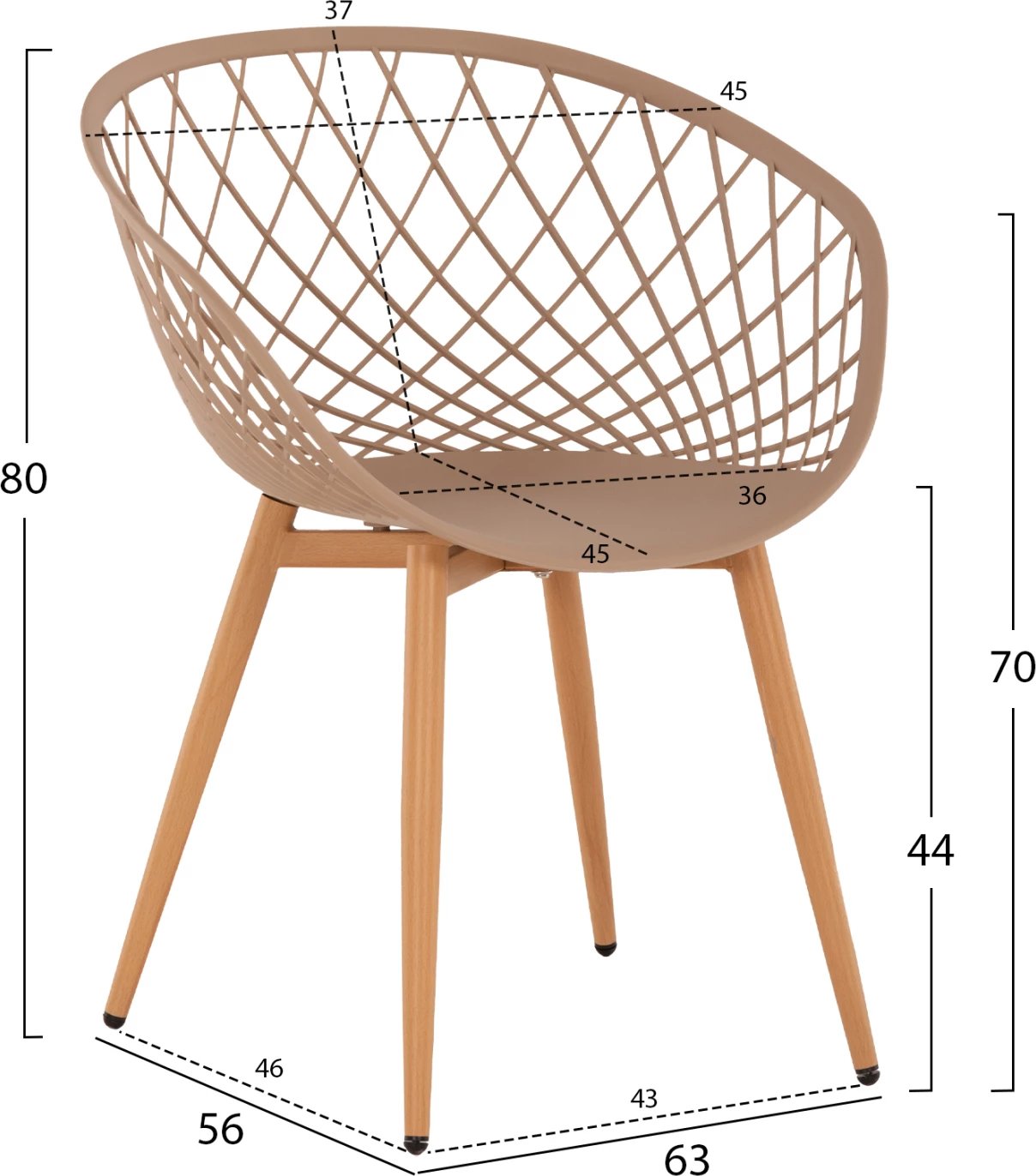 Karrige me krahë ARIADNE FH8001.13, ngjyrë kapuçino, këmbë metali, ngjyrë druri natyral, 63x56x80H cm, set prej 4 copash