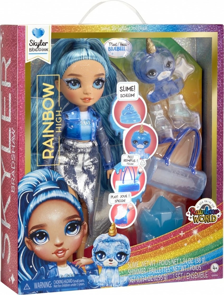 Kukull Rainbow High Skyler, MGA, 120216-EU, me kafshë magjike dhe slime, Blu