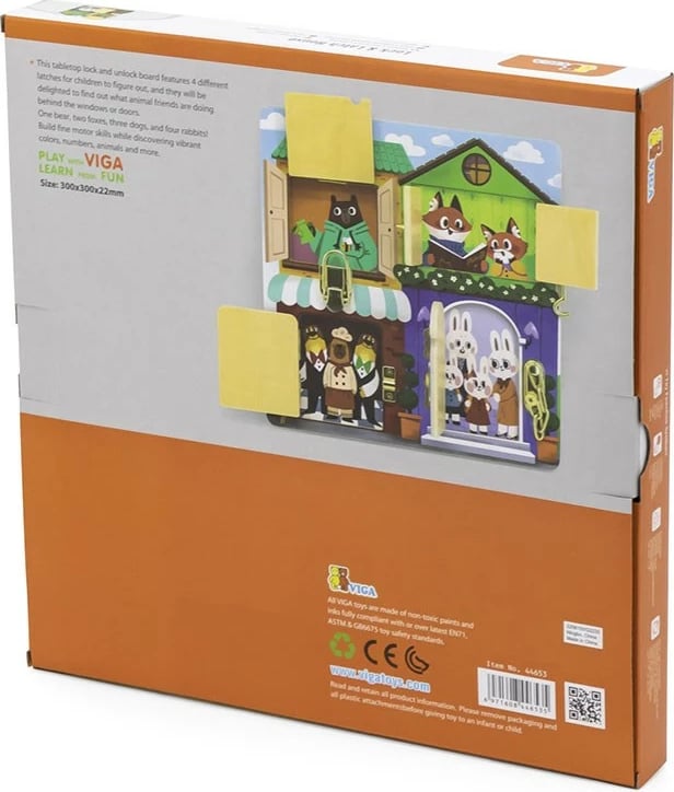 Lojë edukative druri, Viga, Locking and Unlocking, tabelë sensoriale me 4 dyer e bravë të ndryshme, 300x300 mm, Multingjyrës