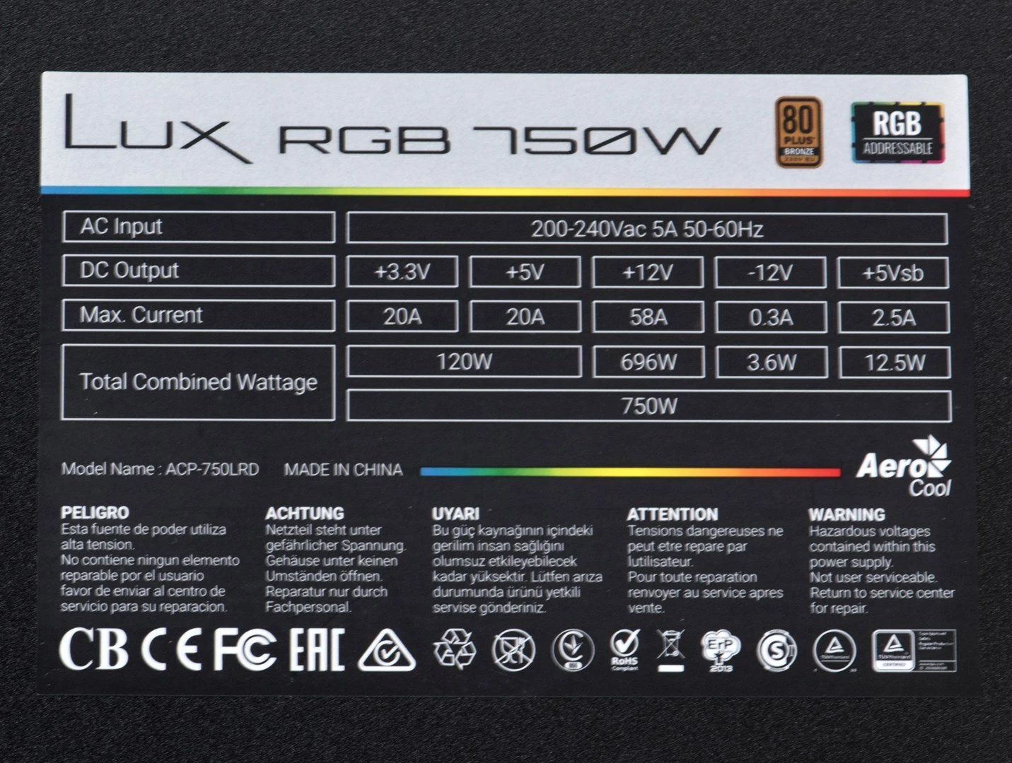 Furnizues energjie Aerocool Lux RGB, 750W, e zezë