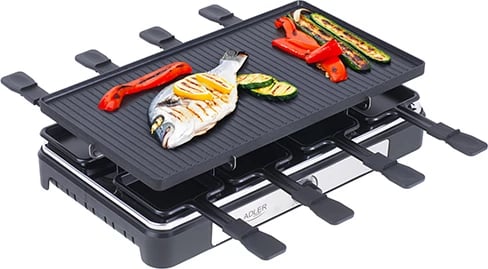 Grill elektrik raclette, Adler AD 6616, 1400W, pjatë 42x23cm, dyanshe jo-ngjitëse, 8 tiganë + 8 shpatulla druri, e zezë