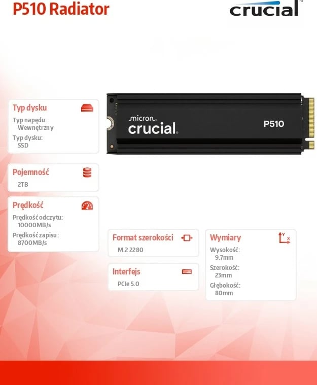 SSD Crucial P510 Radiator, 2TB, M.2 NVMe, PCIe 5.0