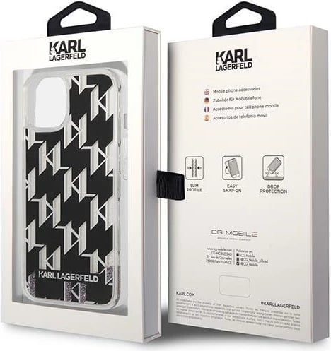Mbështjellës Karl Lagerfeld KLHCP14MLMNMK për iPhone 14 Plus 6.7", hardcase, Liquid Glitter Monogram, zi
