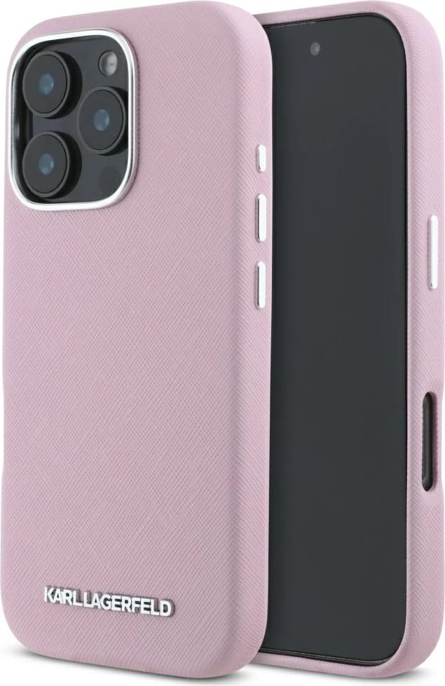 Mbështjellës Karl Lagerfeld Saffiano Full Wrapped Elongated Metal Logo MagSafe për iPhone 16 Pro, Rozë