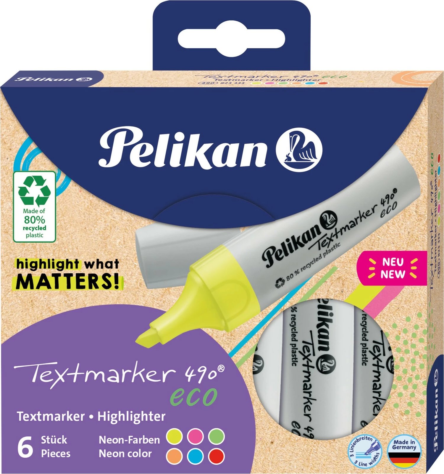 Set markues tekstesh Pelikan Textmarker 490 eco, 6 copë, majë e pjerrët, ngjyra të ndryshme