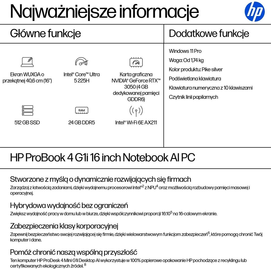 Laptop HP ProBook 4 G1i Ultra 5 225H, 16", 24GB RAM, 512GB SSD, Pike silver