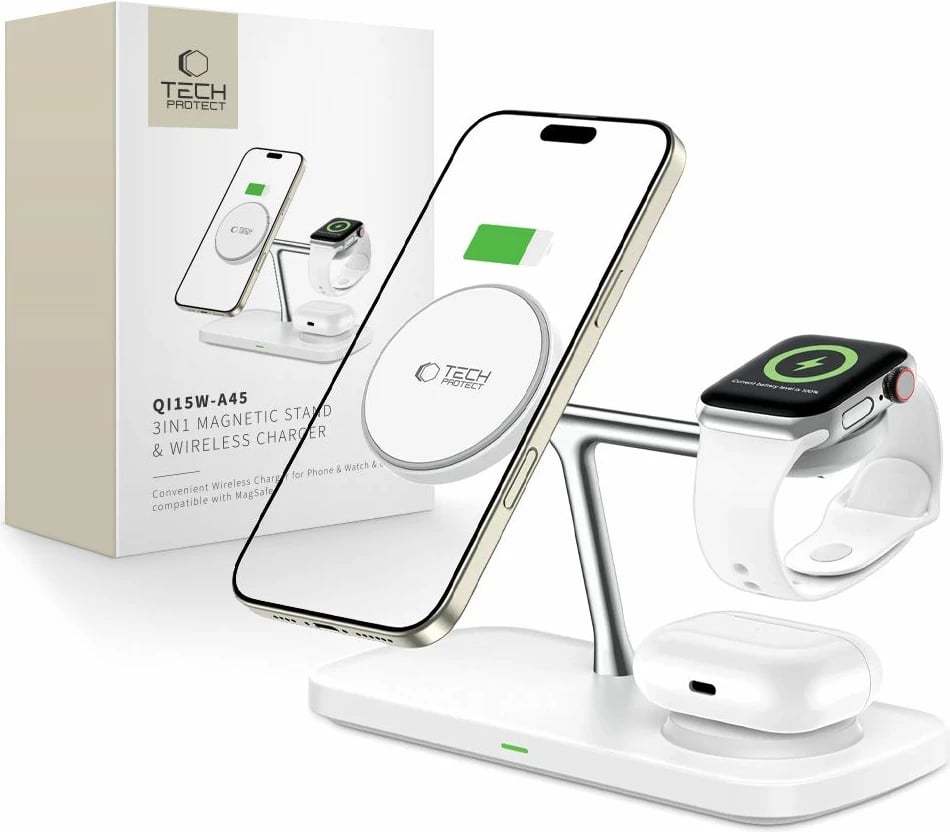 Karikues wireless 3-në-1 Tech-Protect QI15W-A45 me MagSafe, për Apple, Bardhë