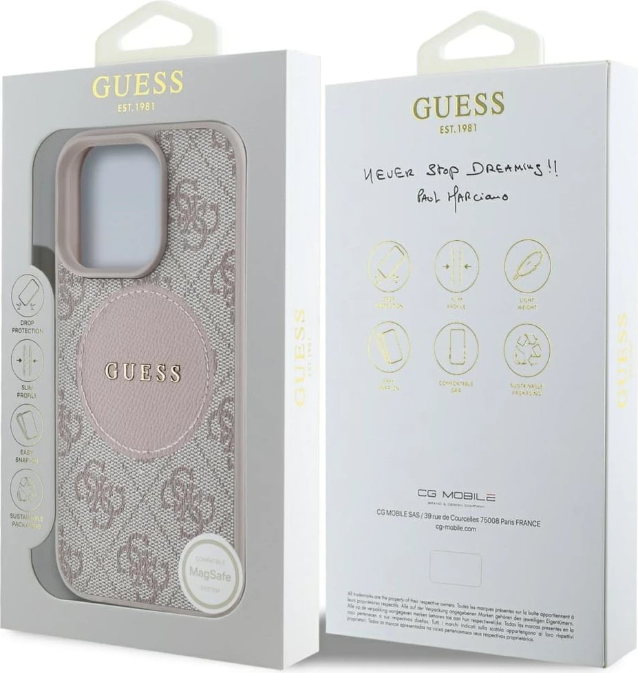 Mbështjellës Guess 4G Circle Classic Logo MagSafe për iPhone 16 Pro Max, rozë