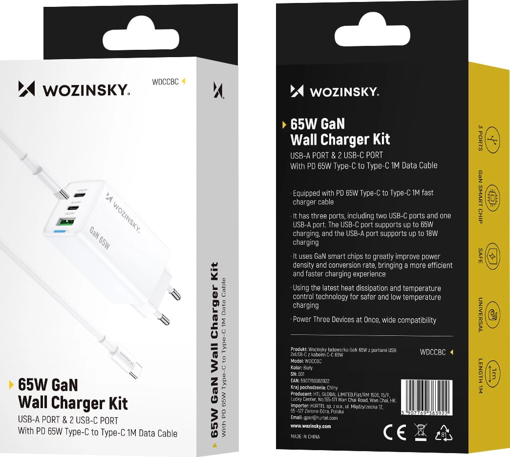 Karikues muri GaN 65W, Wozinsky WDCCBC, 2x USB-C + USB-A, PD/QC, prizë EU, me kabllo USB-C 65W 1m, i bardhë