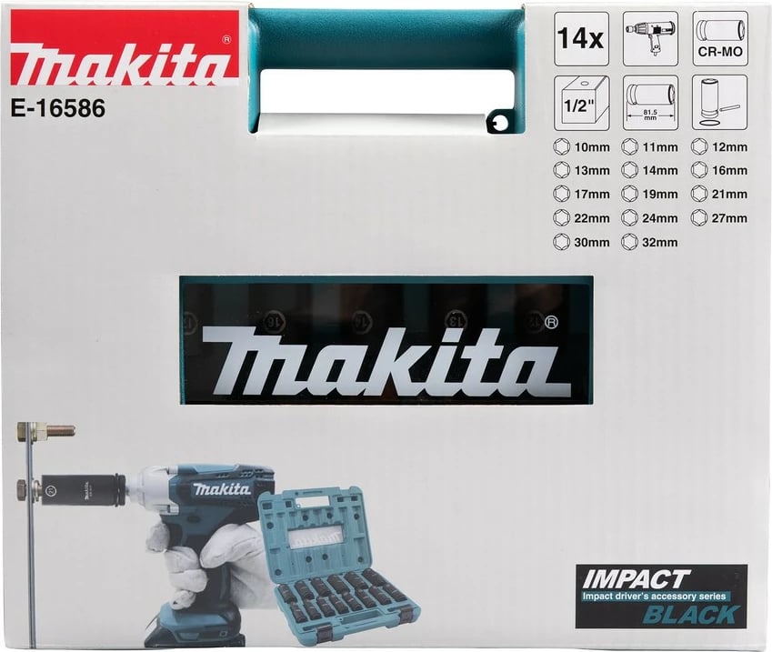 Set çelësa goditës Makita 14 pjesë, 1/2", me kuti, ngjyrë e zezë/gjelbër
