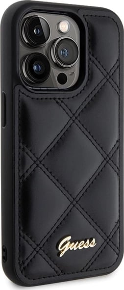 Mbështjellës Guess Quilted Metal Logo për iPhone 15 Pro Max, i zi