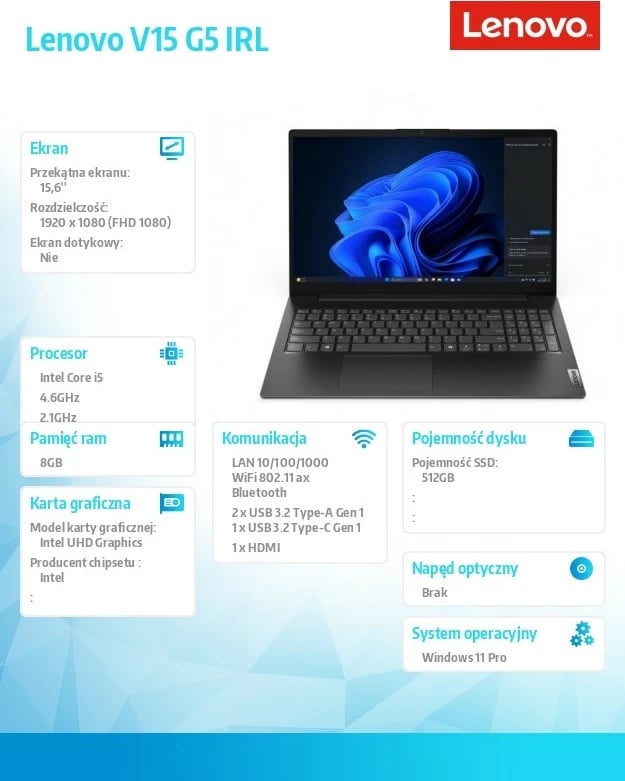 Laptop Lenovo V15 G5 IRL, Intel Core i5-13420H, 8GB RAM, 512GB SSD, 15.6" FHD, Windows 11 Pro, zi