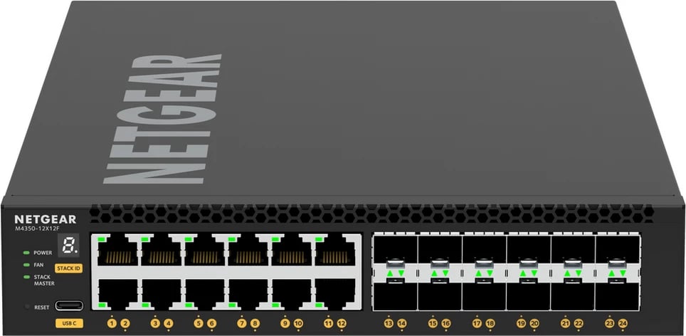 Switch Netgear M4350-12X12F XSM4324-100NES 24 porta 10GbE, 12x 10GBASE-T + 12x SFP+, e zezë