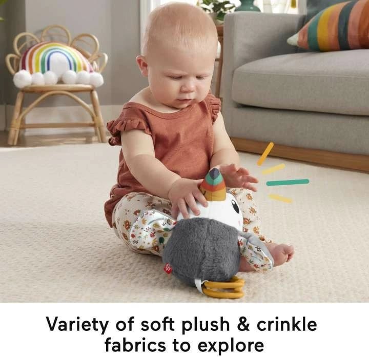 Lodër pelushi Fisher Price Flap & Go Toucan për karrocë, Gri/Bardhë