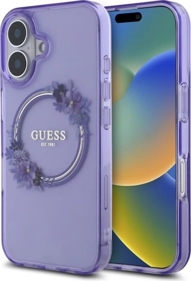 Mbështjellës Guess IML Flowers Wreath MagSafe për iPhone 16, vjollcë Mbështjellës Guess IML Flowers Wreath MagSafe për iPhone 16, vjollcë