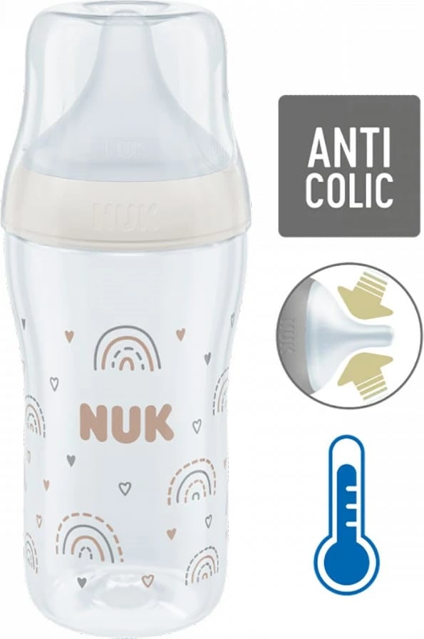 biberon qelqi NUK Perfect Match 230 ml, kontroll temperature, cicë silikoni e butë, sistem antikolik, madhësia M 3m+, bezhë