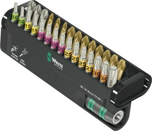 Set bitash Wera 29 copë, 1/4", PH, PZ, Torx Plus, me mbajtës dhe kuti, zi/metalik