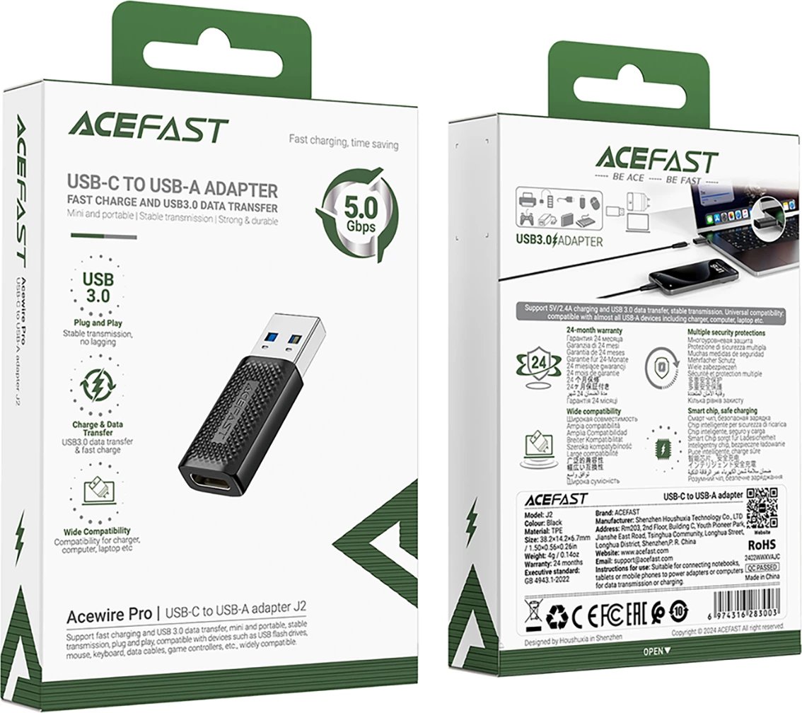 Adapter USB Acefast J2, USB-C (femër) në USB-A (mashkull), 5Gb/s, i zi