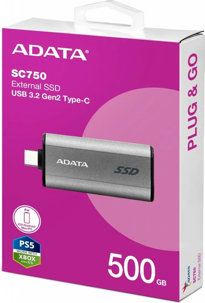 Kasë SSD e jashtme Adata SC750, 500 GB, USB 3.2 Type-C, Titanium Kasë SSD e jashtme Adata SC750, 500 GB, USB 3.2 Type-C, Titanium