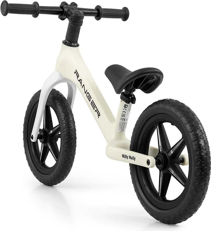 Bicikletë balancuese fëmijësh, Milly Mally Ranger Flash, rrota 12" EVA pa fryrje, kornizë kompozite e lehtë, sedile e rregullueshme, e bardhë