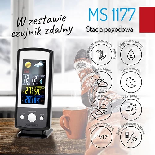 Stacion moti, Adler MS 1177, ekran me ngjyra, temperaturë/lagështi brenda-jashtë, parashikim dhe presion, alarme, me sondë të jashtme, zi/argjend Stacion moti, Adler MS 1177, ekran me ngjyra, temperaturë/lagështi brenda-jashtë, parashikim dhe presion, alarme, me sondë të jashtme, zi/argjend