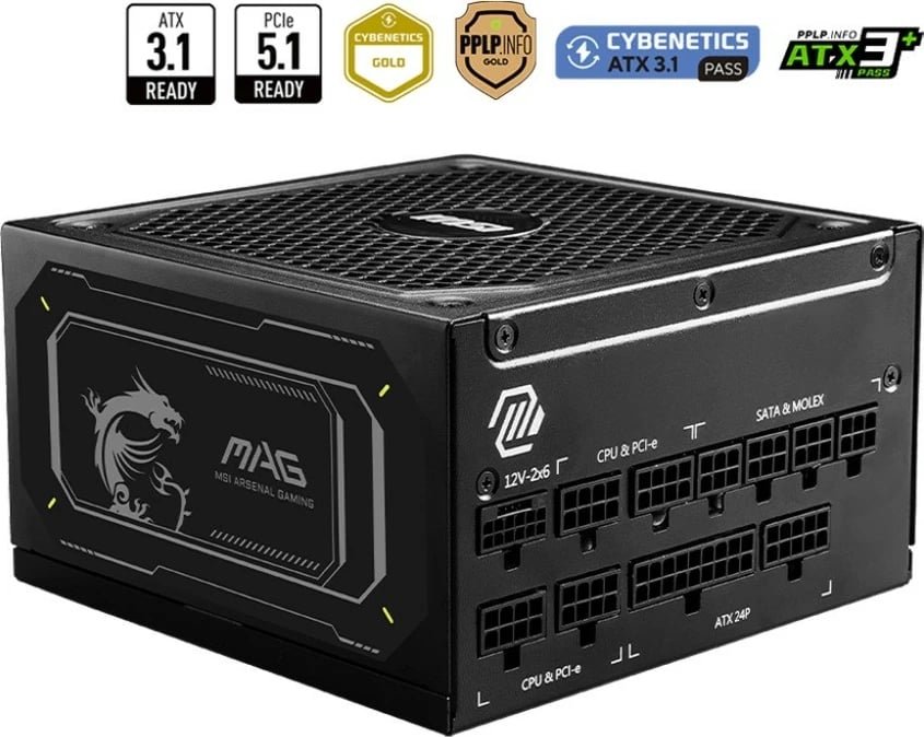 Furnizues energjie PC MSI MAG A1000GL PCIE5 II 1000W 80 PLUS Gold modular ATX 3.1 me PCIe 5.1 16-pin, e zezë