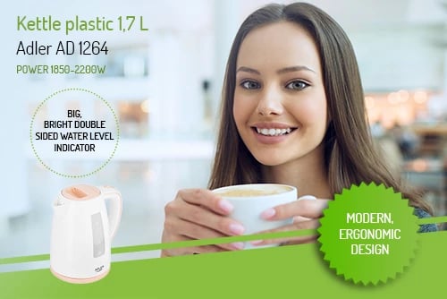 Zierës uji elektrik, Adler, AD 1264, 1.7 L, 2200W, plastikë, bardhë