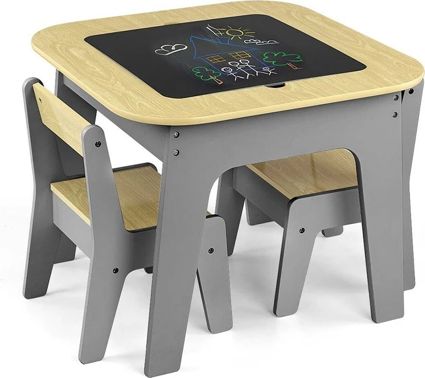 Set tavolinë dhe karrige fëmijësh, MILLY MALLY, Olaf Blocks, sipërfaqe e kthyeshme me tabelë shkumësi dhe hapësirë magazinimi, set 3-copësh, gri e errët