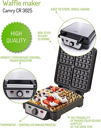Gofrier, Camry, CR 3025, 4 gofra, 1500 W, kontroll temperature, pllaka jo‑ngjitëse