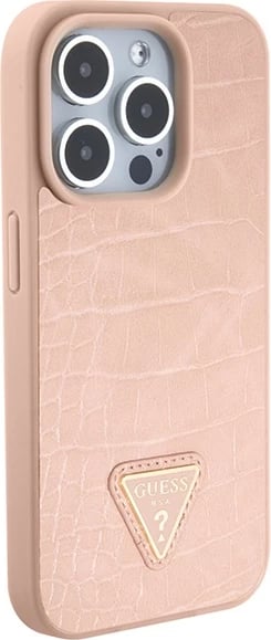 Mbështjellës Guess Croco Triangle Metal Logo për iPhone 15 Pro Max, Rozë Mbështjellës Guess Croco Triangle Metal Logo për iPhone 15 Pro Max, Rozë