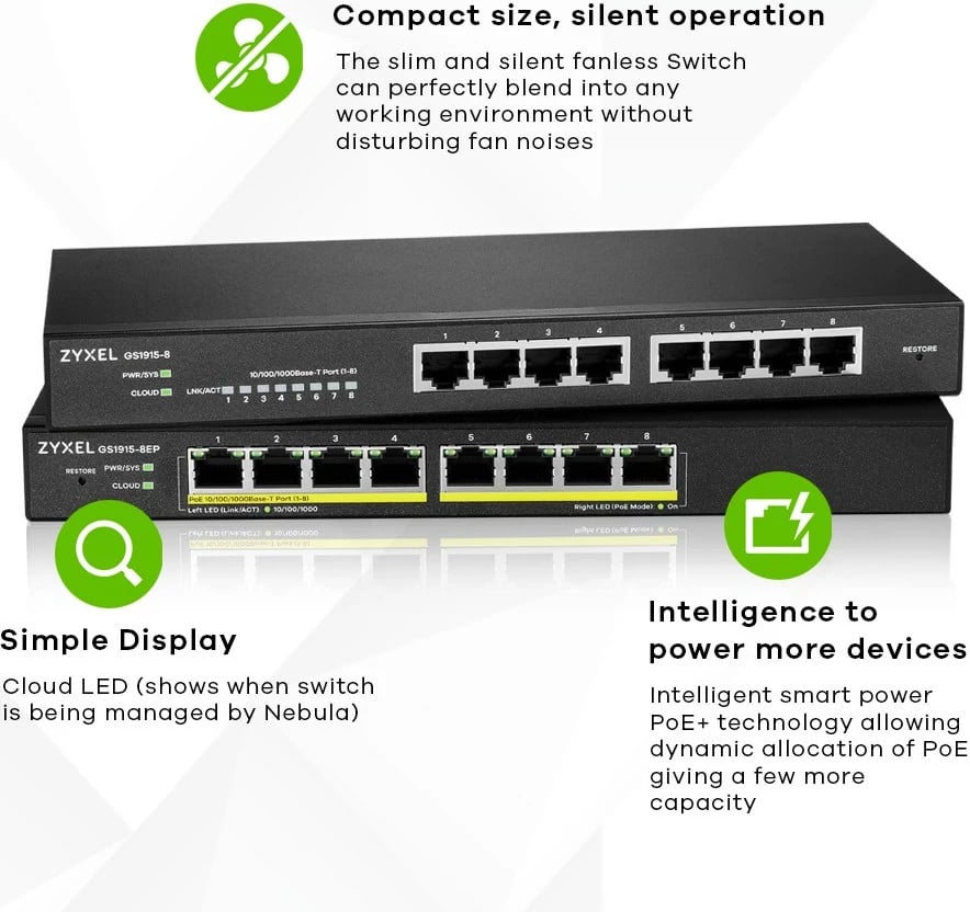 Switch Zyxel GS1915-8EP, Managed L2 Gigabit Ethernet (10/100/1000), PoE, E zezë