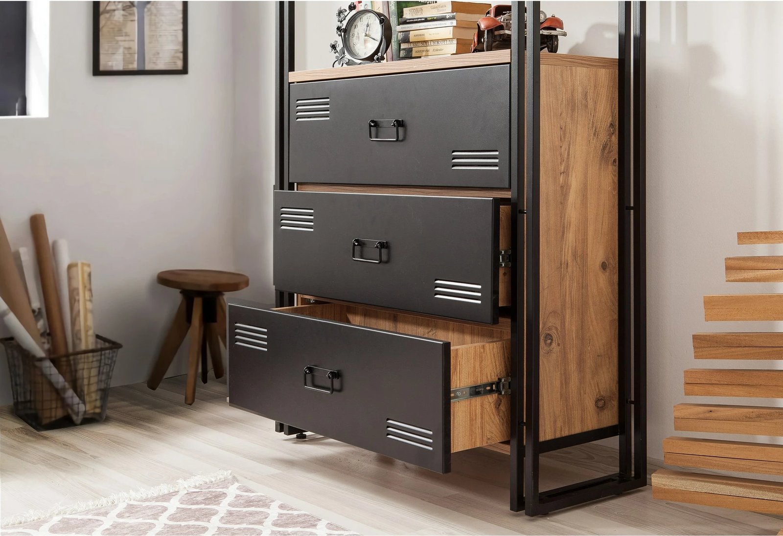 Set mobiljesh për dhomë studimi, Hanah Home, COSMO-TKM.10, ngjyrë Atlantic Pine dhe e zezë Set mobiljesh për dhomë studimi, Hanah Home, COSMO-TKM.10, ngjyrë Atlantic Pine dhe e zezë