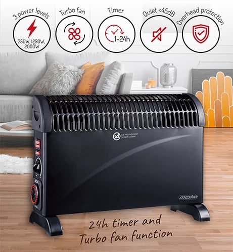 Ngrohës konvektor, Adler, MS 7741, 2000W, 3 nivele, termostat dhe timer 24h, Turbo fan, i zi