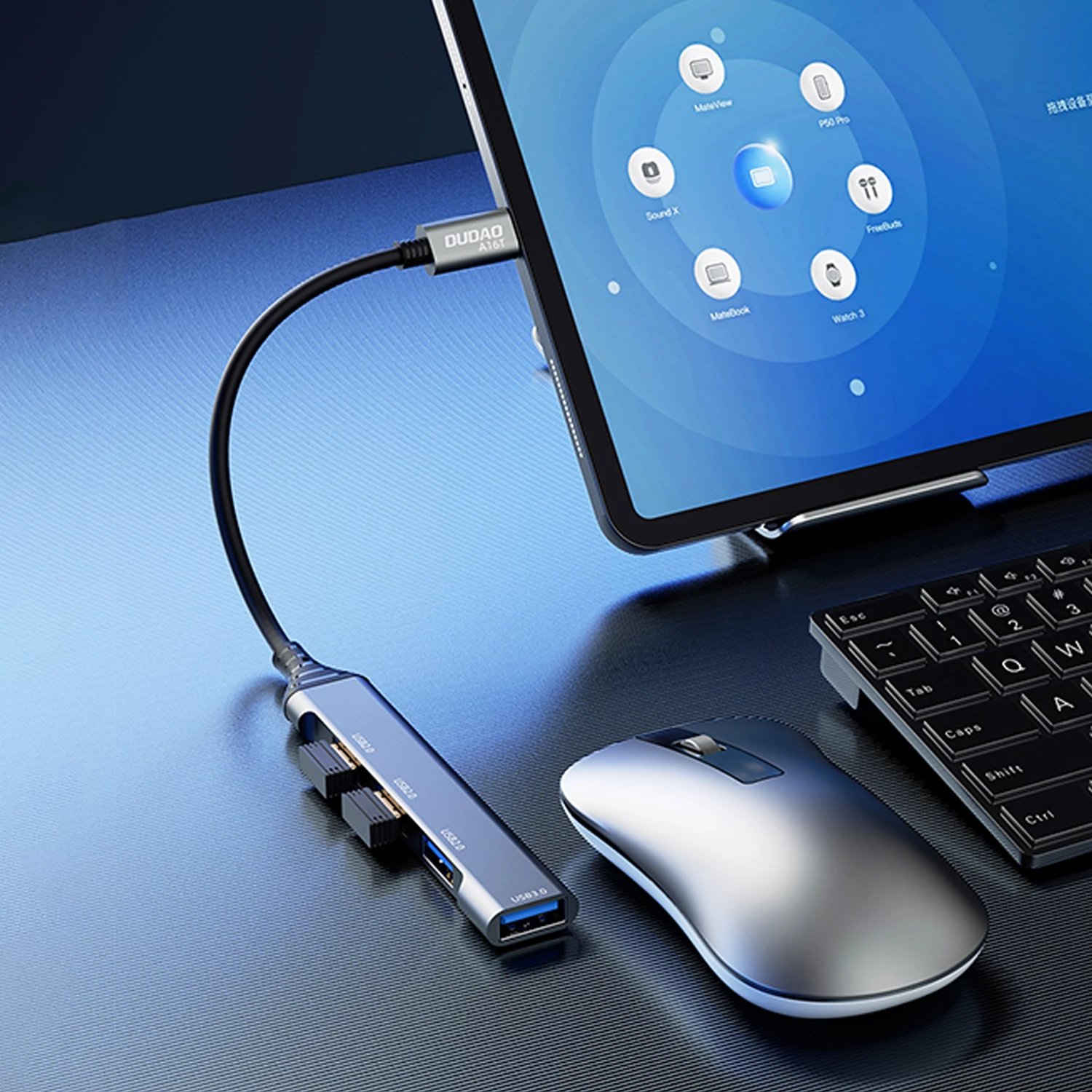 HUB Dudao A16T, 4x USB-A (3x USB2.0, 1x USB3.0), USB-C, 6.3cm, zi