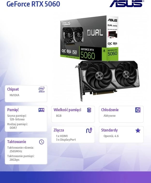 Kartë grafike Asus DUAL-RTX5060-O8G GeForce RTX 5060 8GB GDDR7 128-bit PCIe 5.0 HDMI/3xDP Dual OC