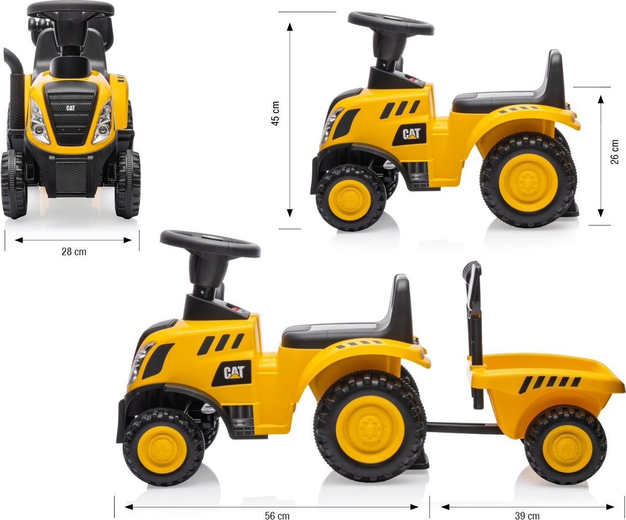 Traktor ride-on, Milly Mally, CAT Tractor 5766, me rimorkio, drita e tinguj, timon me borí, 6 rrota, verdhë/zi, set me lopatë dhe grabujë