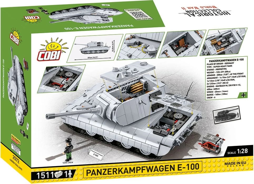 Set blloqesh Cobi Klocki Panzerkampfwagen E-100, 1511 pjesë, me figurë, Gri