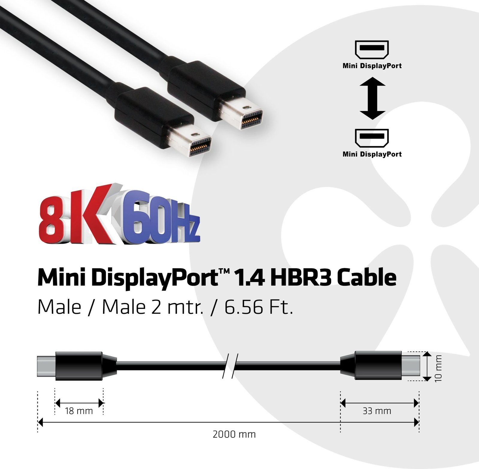 Kabllo Mini DisplayPort Club3D 1.4, 2m, 8K, e zezë
