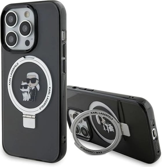 Mbështjellës Karl Lagerfeld KLHMP15LHMRSKCK për iPhone 15 Pro 6.1", me unazë Ring Stand Karl&Choupette, MagSafe, zi