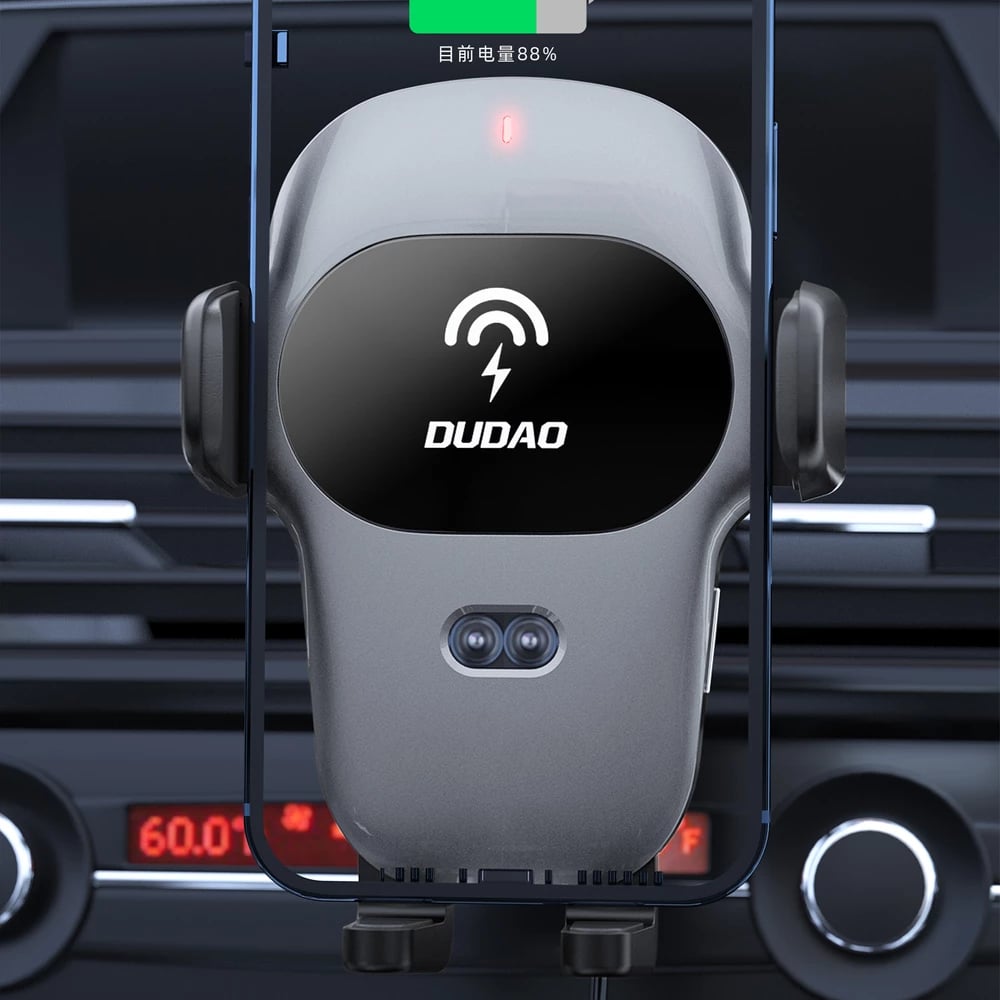 Mbajtës automatik për celular Dudao F20xs me karikues wireless 15W, Gri
