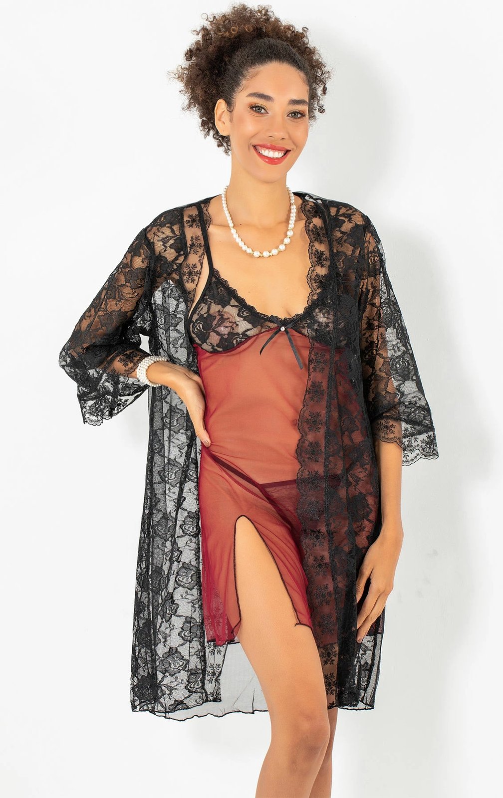 Set fustan nate me peniuar, ngjyrë e kuqe Claret, Jumeon, 011-008004