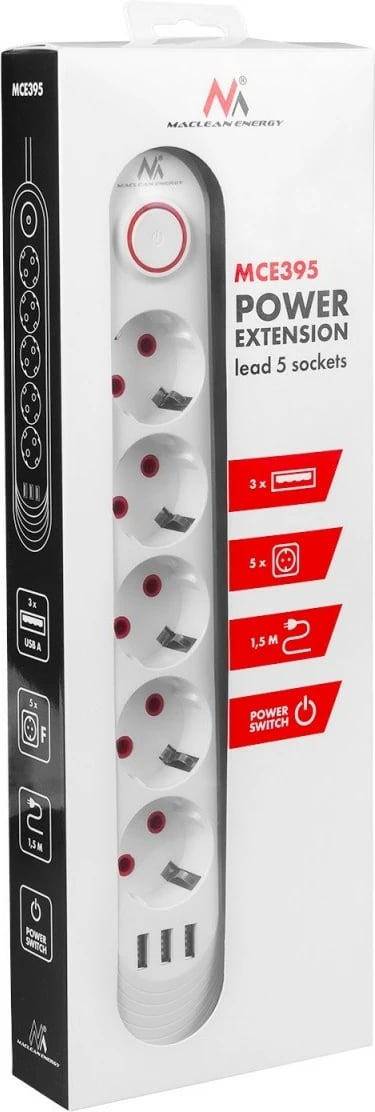 Zgjatues elektrik Maclean MCE395 W, 5 priza Schuko + 3x USB, 1.5 m, 2500W, me ndërprerës, e bardhë