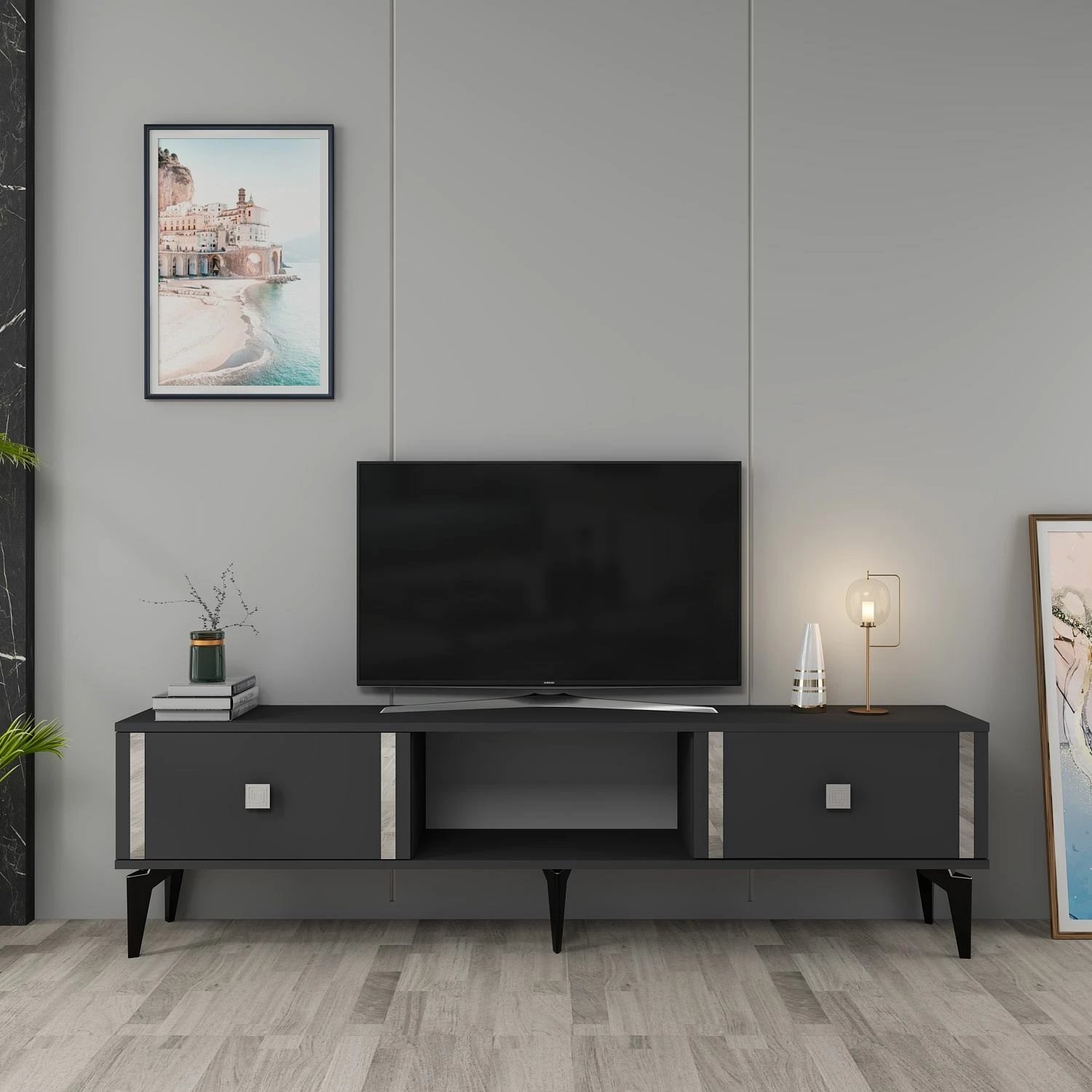 Komodë për TV Skye Decor, Doruk, antracit, argjend