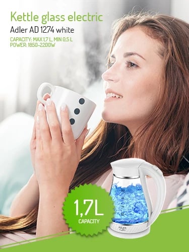 Çajnik elektrik, Adler AD 1274, 1.7L, 2200W, xhami, ndriçim LED, i bardhë