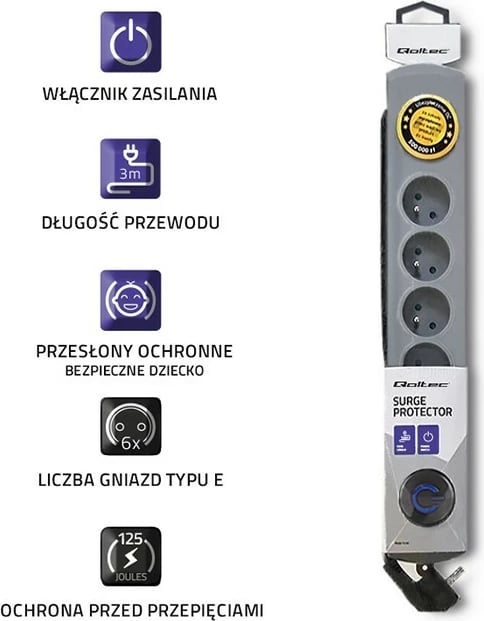 Kasë Qoltec 50166 me 6 dalje, Quick Switch, 3m, Gri